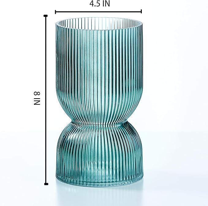 7.5 Inch Glass Hourglass Vase - Green Ribbed Bud Flower Vases for Floating Candles, Centerpieces, Wedding Reception Decor - Hurricane Candle Holder for Home Decor, Housewarming Gift