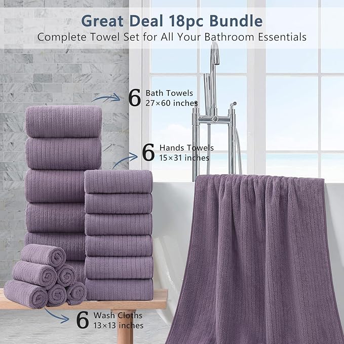 18 Piece Bath Towels Set,Soft Family Bathroom Towel Set with Hanging Loops-6 Bath Towels,6 Hand Towels,6 Washcloths,Highly Absorbent Quick Dry Shower Towel for Bathroom,Hotel,Spa-Purple Towel Set
