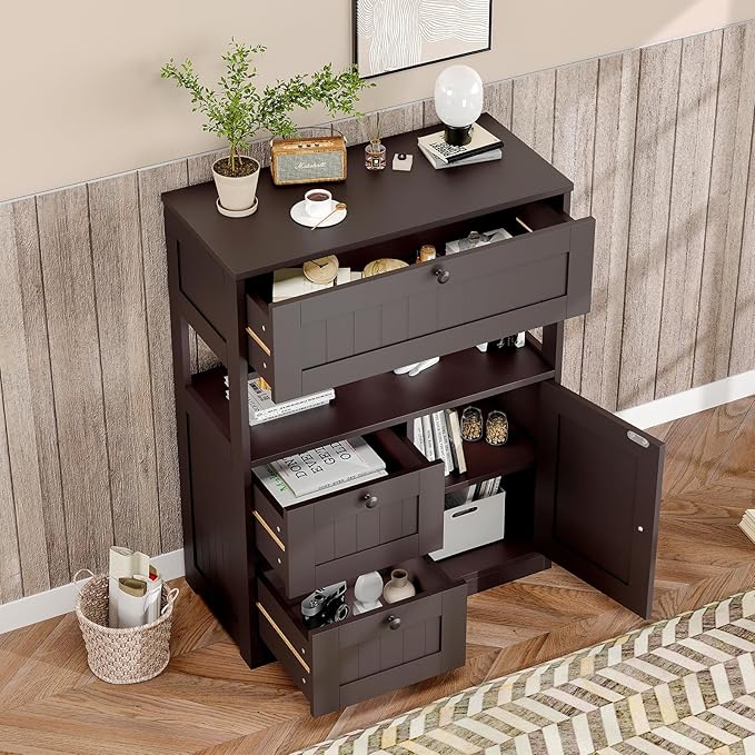 Bathroom Cabinet, Modern Bathroom Floor Storage Cabinet Organizer with 1 Door and 3 Drawers, Freestanding Cupboard for Kitchen/Living Room Use