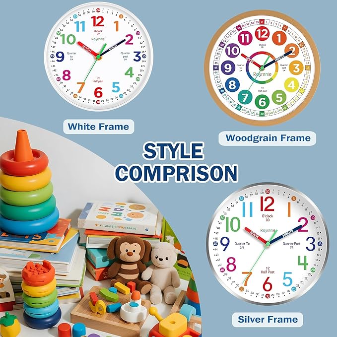 Wall Clock for Kids Learning to Tell Time Analog Non Ticking Battery Operated Kids Small Teaching Clock Silent Colorful Teaching Time Clock for Kids Room Classroom School(8 Inch)