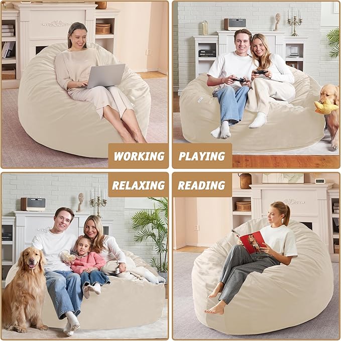 5FT Bean Bag Chair with Ultra Soft Velvet Cover Bean Bag Sofa with Memory Foam Bean Bag Chairs with Large Size Lazy Sofa for Dorm Office Living Room Bedroom Beige 5'