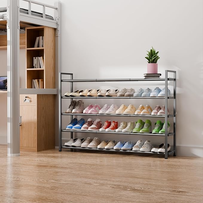 Bumusty 5-Tier Long Expandable Shoe Rack for Closet, 18"-44" Adjustable Shoe Rack for Entryway, 25-30 Pairs Large Shoe Organizer Shelf Storage, Sturdy Metal, Grey