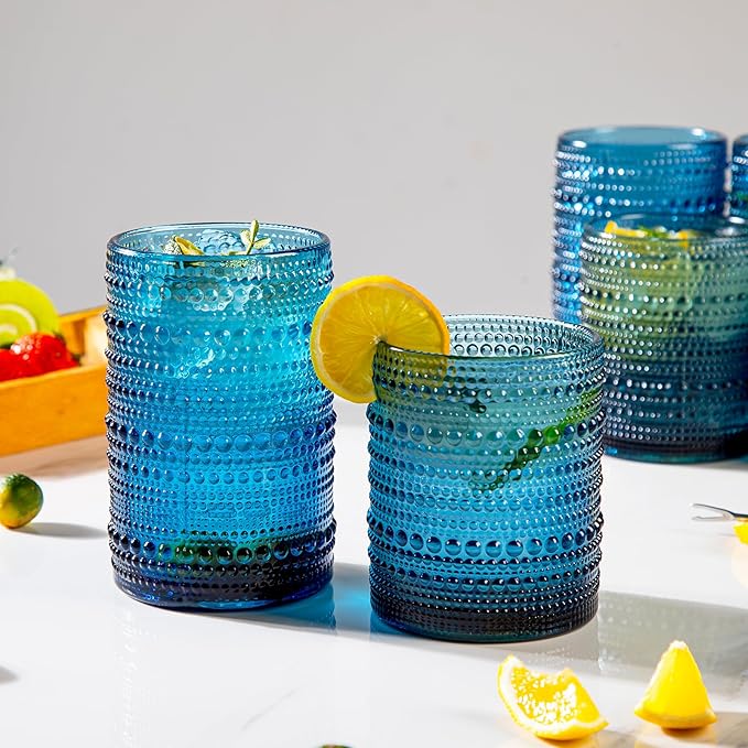 Set of 8 Hobnail Drinking Glasses Vintage Blue Glassware - 4 Highball Glasses 14 oz, 4 Rocks Glass Cup 11 oz, Embossed Old Fashioned Glassware for Water,Wine,Beer,Juice, (Cornflower Blue)