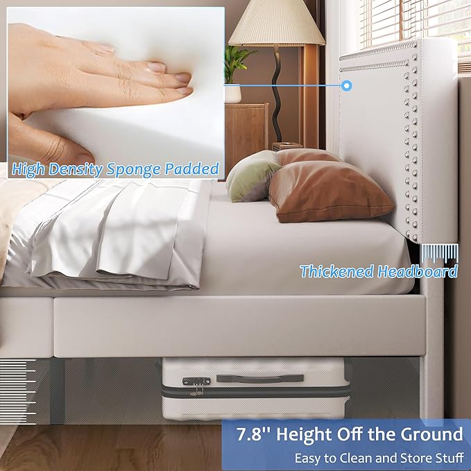 VECELO Full Size Bed Frame with Adjustable Upholstered Headboard, Wooden Slats Platform, Noise-Free Design, No Box Spring Needed, Easy Assembly