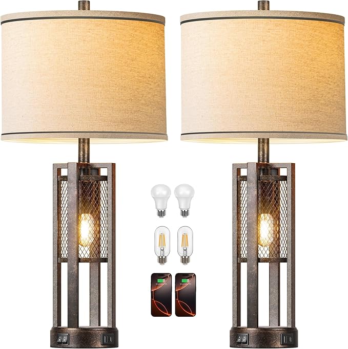 28'' Farmhouse Industrial Table Lamp Set of 2 - Rustic Bedside Nightstand Lamps with Dual USB A+C Ports, Bronze Metal Mesh Nightlight Desk Lamps for Bedroom Living Room, 4 LED Bulbs Included