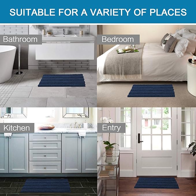 H.VERSAILTEX Bath Mats for Bathroom Non Slip Extra Thick Chenille Striped Bath Rug 24" x 36" Absorbent Non Skid Fluffy Soft Shaggy Rugs Washable Dry Fast Plush Mats for Indoor, Bath Room, Tub - Navy