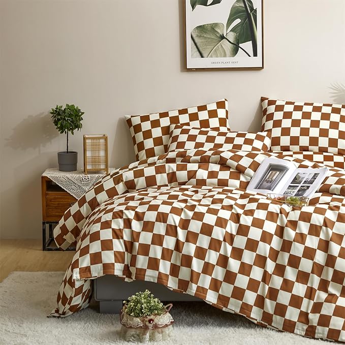 Pumpkin White Checkered Comforter Queen Set Brown Checkered Bedding Set Soft Cozy Checker Comforter Set Queen Size 3Pcs All-Season Comforter Women Men