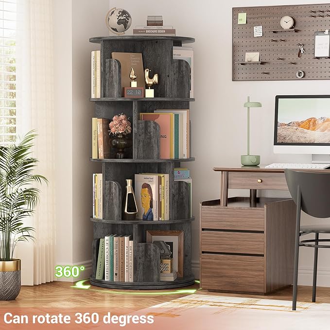 Rotating Bookshelf, Wood Corner Bookshelf, 360 Display Spinning Bookcase Storage Rack, 4 Tier Floor Standing Revolving Bookcase Narrow Book Shelf Organizer for Small Space, Bedroom, Grey Oak