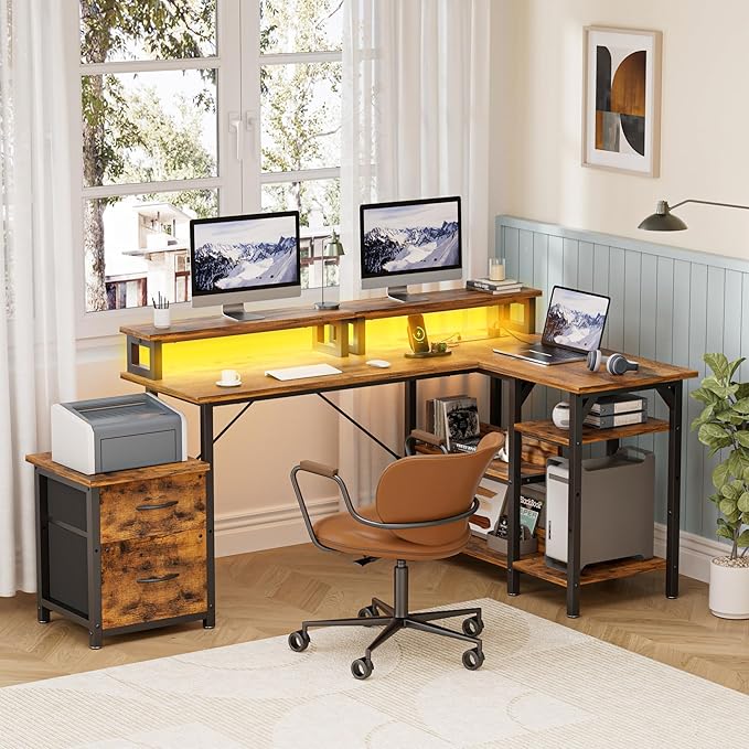 67'' L Shaped Compuer Desk with Drawers, Large Gaming Desk with File Drawer & 2 Monitor Stands, Corner Desks for Home Office, Rustic Brown
