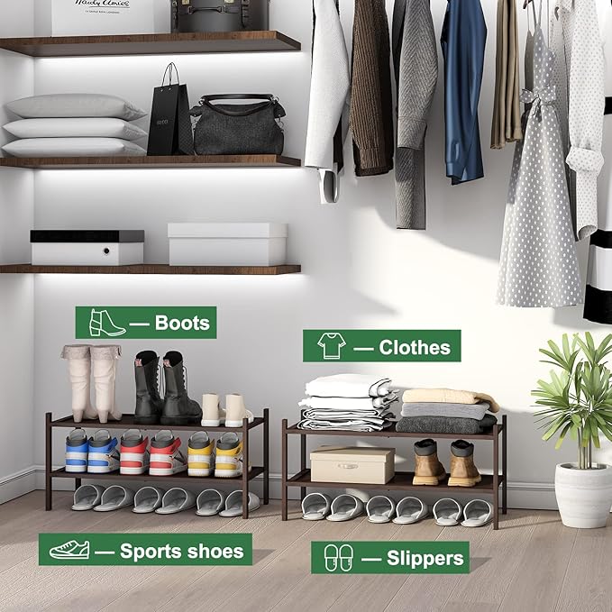 Bamboo Shoe Rack for Entryway, 2-Tier Stackable | Foldable | Natural, Shoe Organizer for Hallway Closet, Free Standing Shoe Racks for Indoor Outdoor