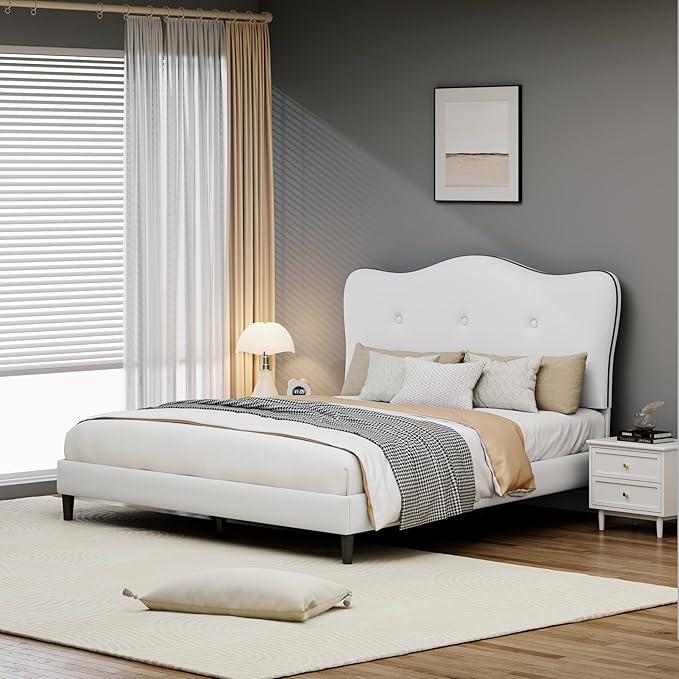 Full Size Bed Frame, Upholstered Bed Frame with Headboard, Platform Bed Frame with Wood Slats Support, No Box Spring Needed, Adjustable Height Headboard, White