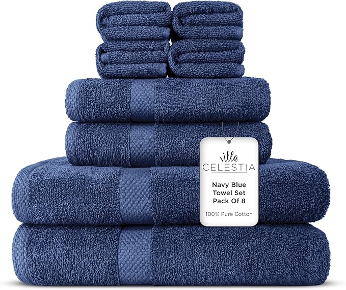 100% Combed Cotton Bathroom Towel Set of 8- 2 Bath Towels, 2 Hand Towels, 4 Wash Cloths, Sustainable, Soft, Highly Absorbent 8 Piece Cotton Bath Towel Set for Hotels, Spa, Bathroom, Dorm, Navy Blue