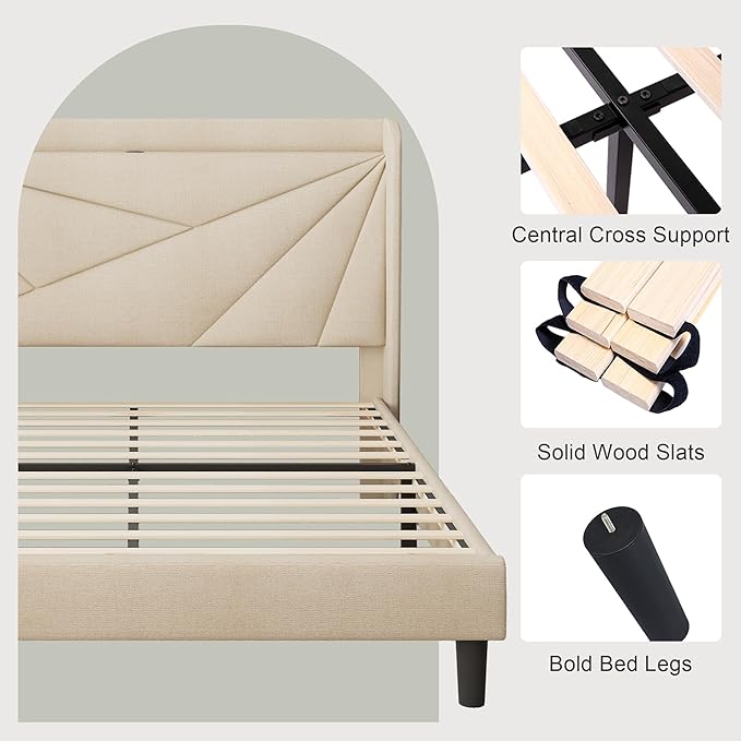 Feonase Full Bed Frame with Charging Station, Linen Upholstered Platform Bedframe with Wingback Headboard, Solid Wood Slats Support, Noise Free, No Box Spring Needed, Beige