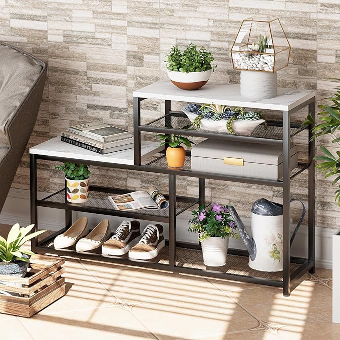 Shoe Rack Bench for Entryway,Free Standing Shoe Storage Organizer for Front Door Entrance,Boot Rack Holder Shelf for Closet with Seat,Sturdy Shoe Shelves for High Heels, Hallways,White Marble