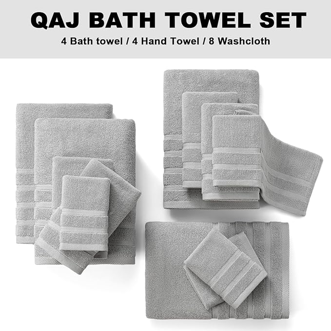 16-Piece Bath Towels Set, 100% Cotton Thick Soft Highly Absorbent Durable, Quick Dry, Bathroom Towels Set (4 Bath Towels, 4 Hand Towels, 8 Washcloths) - Perfect for Daily Use