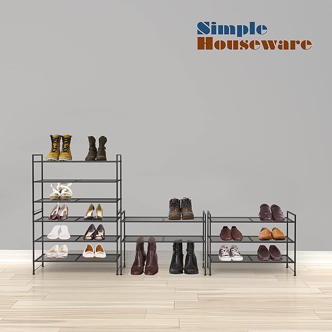 SIMPLE HOUSEWARE 3-Tier Stackable Mesh Shoe Rack, Black