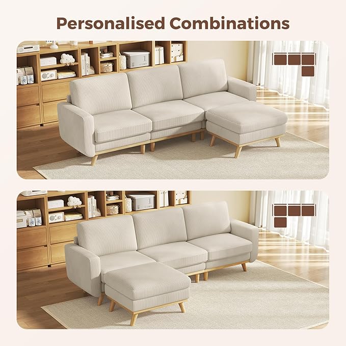 Vesgantti 97" Modular Sectional Sofa Light Gray, L-Shaped Couch with Movable Ottoman, Comfy Corduroy Couch with Spring Cushion, Modular Sofa with Deep Seat for Living Room, Bedroom and Apartment