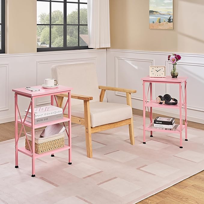 VECELO End Table Set of 2, Bedside Table, 24" Tall Living Room End Tables, X-Design Reinforced Nightstands, Side Table with 3-Tier Storage Shelves for Small Spaces, Office, Bedroom, Pink