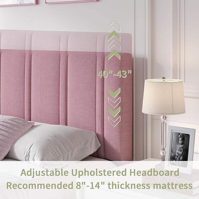 Full Bed Frames with Tufted Headboard, Upholstered Platform Bed with Wooden Slats Support, Princess Bed Frame for Girls, Easy Assembly, No Box Spring Required, Pink