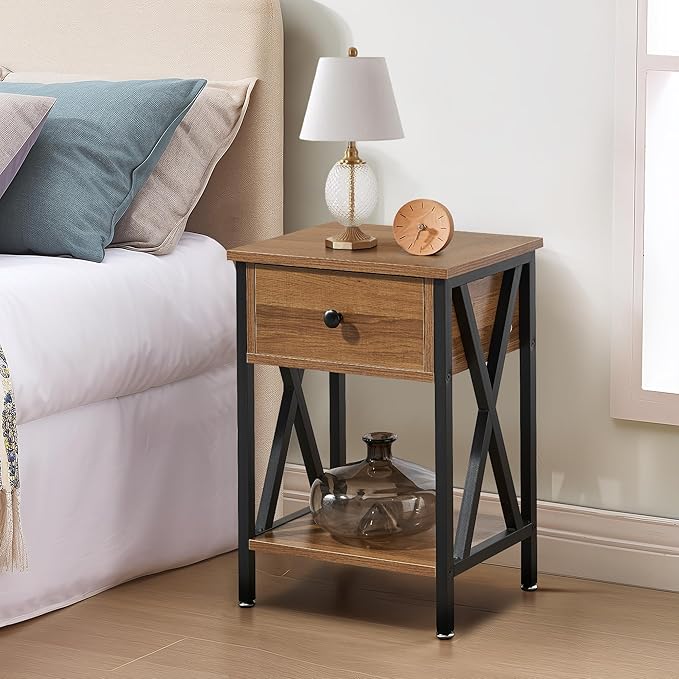 VECELO Nightstand,Modern Bedside End Table, Night Stand with Drawer and Storage Shelf for Living Room Bedroom, Industrial Metal Frame