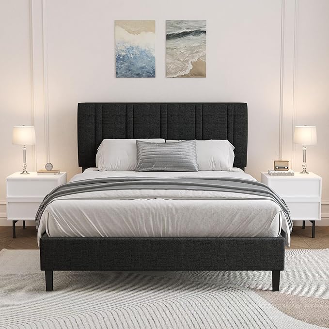 Full Bed Frame with Tufted Headboard, Upholstered Platform Bed with Adjustable Headboard, Fabric Bed Frame with Wooden Slats Support, No Box Spring Required, Easy Assembly, Black