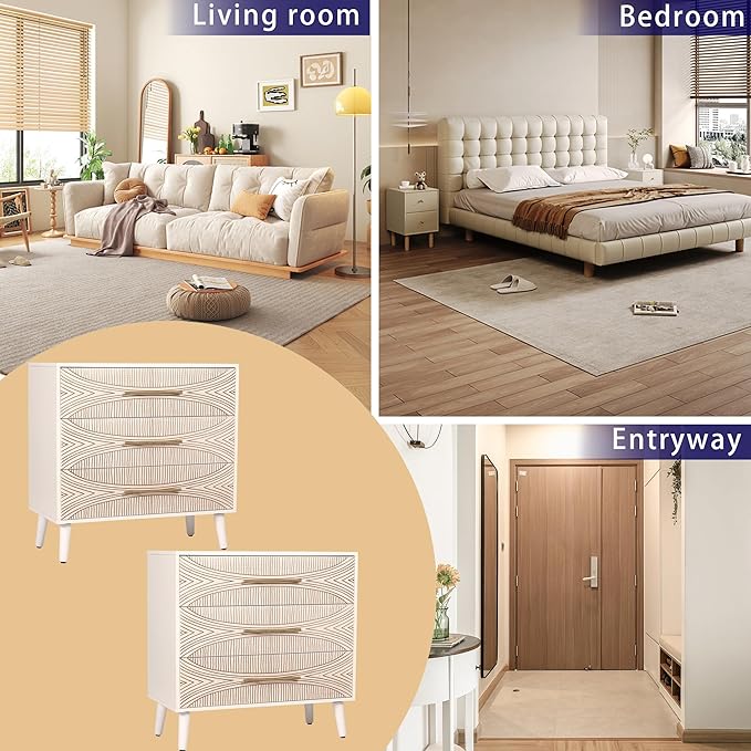 3 Drawer Dresser Set of 2, White Dresser for Bedroom, Chest of Drawers with Metal Handle, Including 2 Drawer Nightstand Set of 2 for Enterway, Texture Beige, 2 PCS