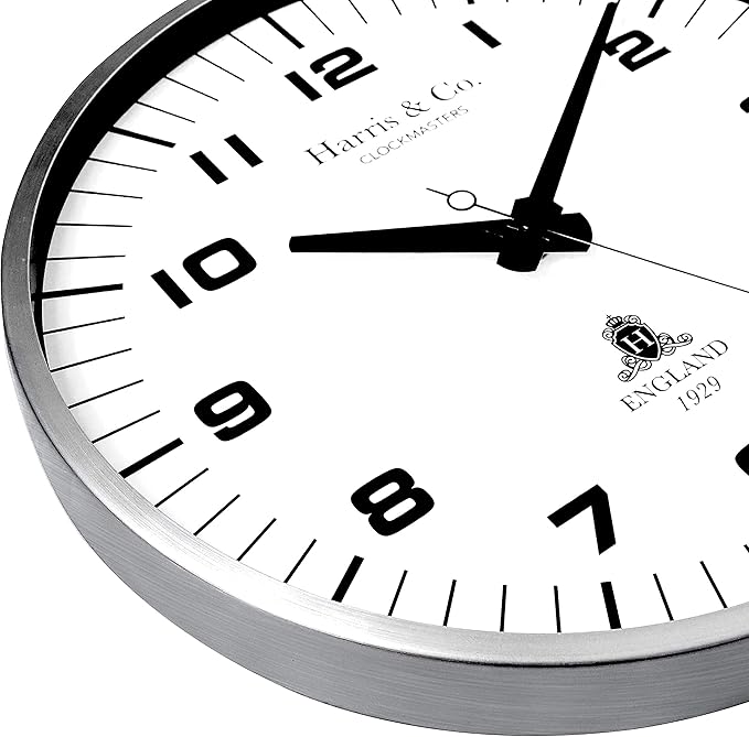 HARRIS & CO. CLOCKMASTERS ( 14 inch Premium Luxury Metal Wall Clock with Glass and Silent Sweep Noiseless Technology, Gun Gray Metal Frame Model Name - Park Lane