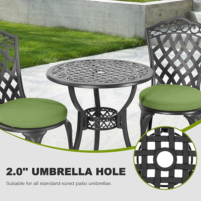NUU GARDEN 3-Piece Patio Bistro Set Outdoor Cast Aluminum Bistro Table and Chairs Set of 2, Outdoor Patio Bistro Set with Umbrella Hole and Green Cushions for Patio Balcony, Black
