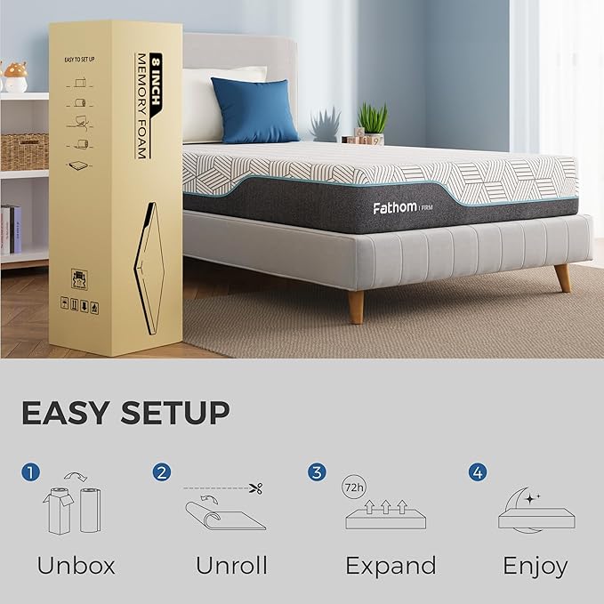 FATHOM Firm Full Mattress 8 Inch Memory Foam Mattress Full Size Bed in a Box for Back Pain Relief and Cool Sleep with Gel Foam and Removeable Fiberglass Free Cover, CertiPUR-US Certified