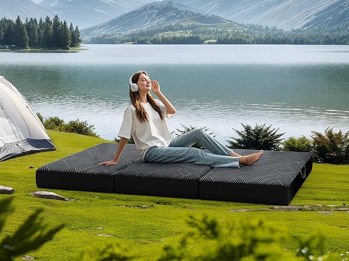 Vamcheer Foldable Mattress Single Size, 4 Inch Tri Folding Mattress, Handle & Non-Slip Bottom with Washable Cover for Travel RV Camping Guest Room, 75"x25"x4", Grey