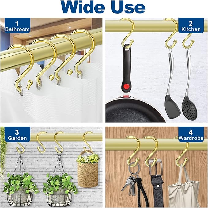 Shower Curtain Hooks Rings, Stainless Steel S Shaped Shower Hooks Rust Proof, Metal Shower Curtain Hangers for Shower Curtains, Kitchen, Wardrobe & Garden, Gold, Set of 12