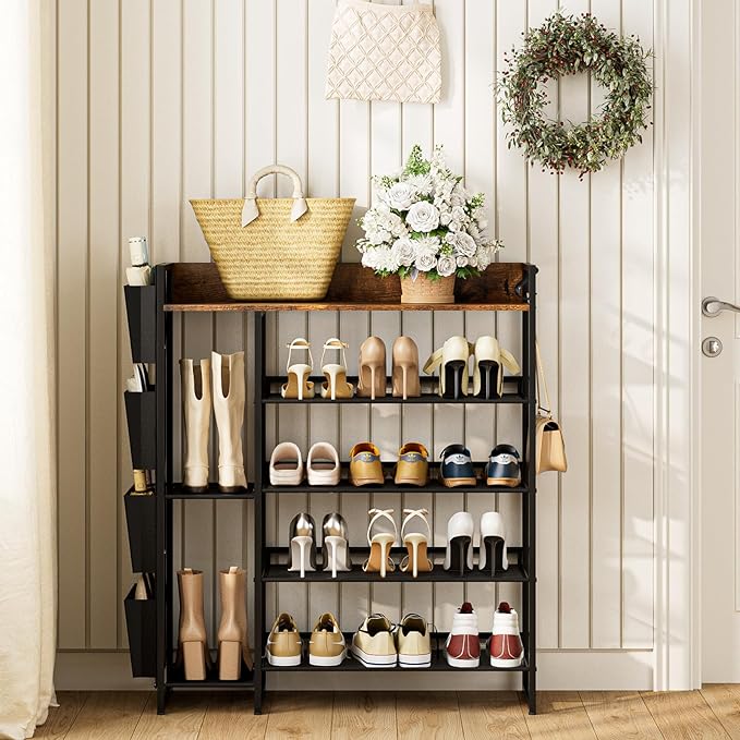 Brown 5-Tier Shoe Organizer - Free Standing Shoe Rack with Storage Bag for High Heels, Entryway, Hallways, Closets, Dormitory Rooms