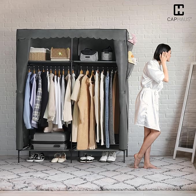 CAPHAUS 55-Inch Clothing Rack with Cover, Portable Closet Wardrobe, Covered Garment Rack for Hanging Clothes, 190LB Capacity Heavy-Duty Metal Frame Clothes Organizer Rack with Storage Shelves