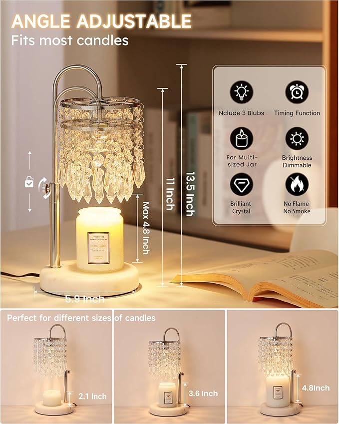 Candle Warmer Lamp with Timer Dimmer and 3 Bulbs, Lamp Candle Warmer with Marble Base for Adjustable Height, Crystal Candle Warmer Lamp for Jar Candles, House Warming Decor Gifts, Silver