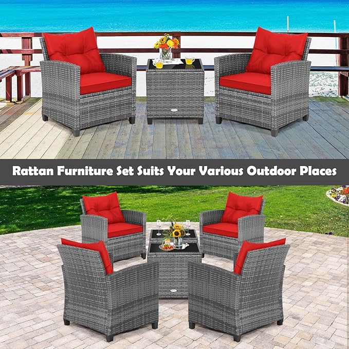 Tangkula 3 Pieces Patio Furniture Set, Outdoor PE Rattan Conversation Chair Set with Tempered Glass Side Table and Removable Cushions, PE Wicker Chairs and Table Set for Porch, Balcony and Garden