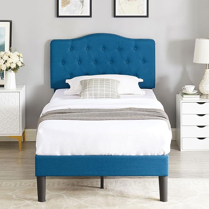 VECELO Twin Size Bed Frame Upholstered Platform with Tufted Adjustable Headboard/Mattress Foundation with Wood Slat Support, Easy Assembly,Blue