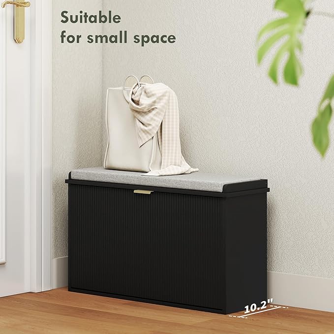 HOMCOM Narrow Shoe Bench with Padded Seat Cushion and Flip-Drawer, Small Entryway Bench Holds up to 265lb, Shoe Cabinet, 31.5x10.2x18.7 Inches, Black