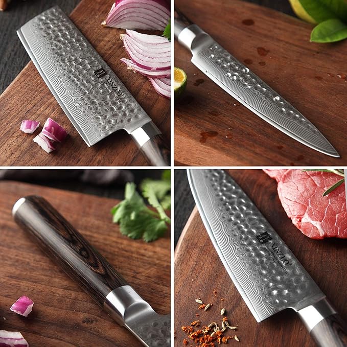 XINZUO 7-Piece Knife Block Set, Super Damascus Steel Kitchen Knife Set with Block,Professional Knife Set for Chefs&Home Cooking,Pakkawood Handle,Chef Gift Box-He Series