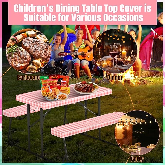 33" L x 20" W x 3" H Pink Grid Picnic Table Cover for Kids, Fitted Tablecloth for Outdoors Vinyl Waterproof Cloth for Camping Home Goods Indoor Outdoor Patio BBQ