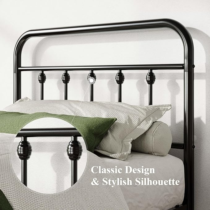 Allewie 14 Inches Twin Size Metal Platform Bed Frame with Victorian Style Iron-Art Headboard/Footboard, Mattress Foundation, Easy Assembly, Under Bed Storage, No Box Spring Required, Black