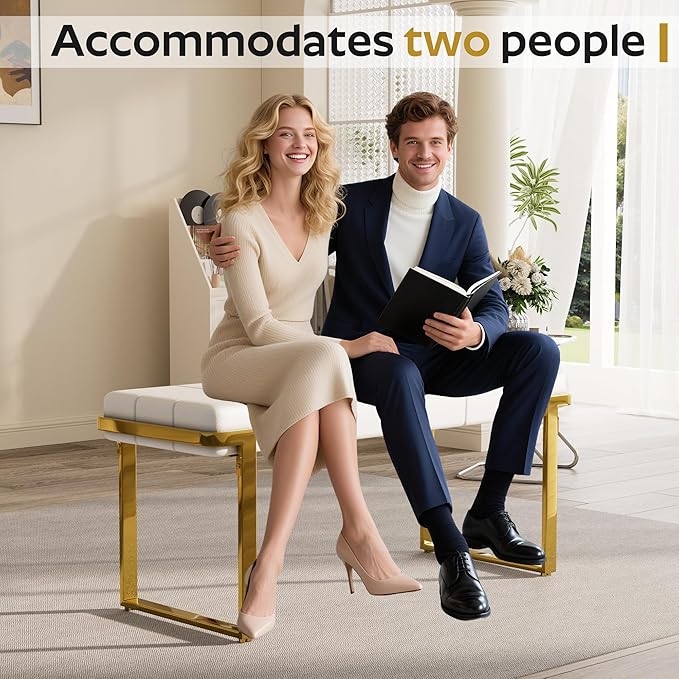 Upholstered Dining Bench, 44.29 Inch Leather Upholstered Bedroom Benches, Entryway Bench for Living Room Kitchen Dining Room(White&Gold)