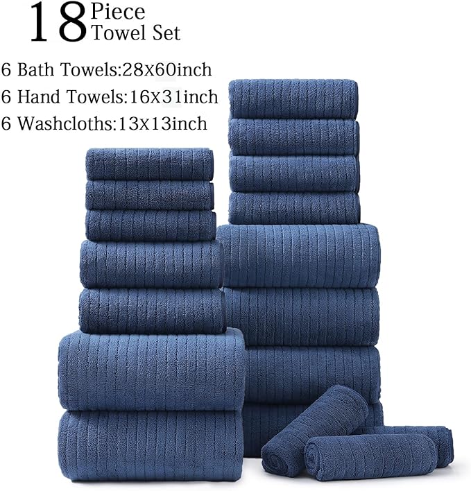 18 Piece Family Bath Towel Set Include 6 Bath Towels,6 Hand Towels and 6 Washcloths Soft Bathroom Towel with Hanging Loops,Highly Absorbent Quick Dry Towels Set for Bathroom,Hotel and Spa-Navy