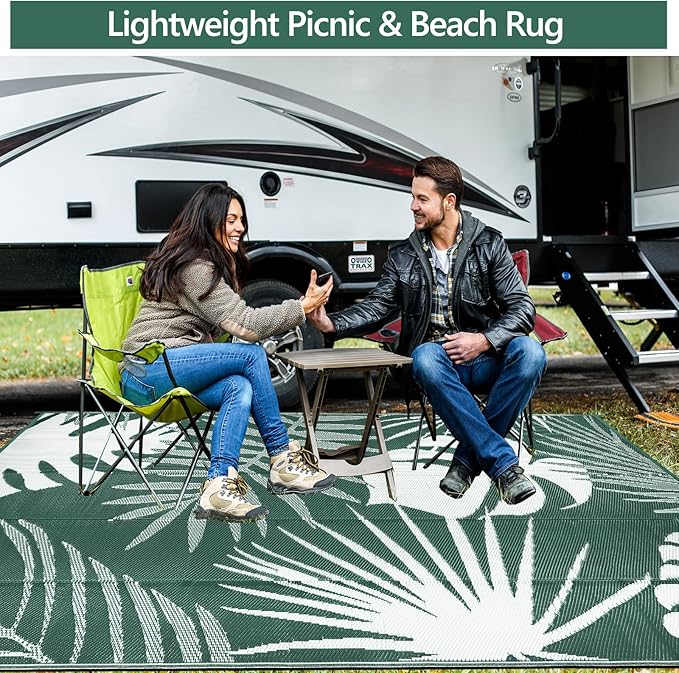 Waterproof Outdoor Rug 6x9 ft, Reversible Plastic Straw Mat with Leaf Pattern, Large Floor Mat for Patio, Camping, Picnic, Backyard RV, Deck, Dark Green