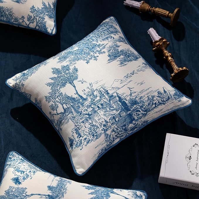 patdrea Designer Square Throw Pillow Covers Set of 2,Rustic Linen with Chinoiserie Blue Scenery Pattern Pillows Cover,Decorative Pillowcases Cushion for Bed Living Room Outdoor Car,18 x18 Inches