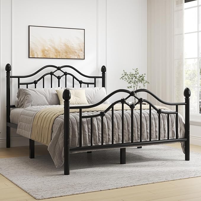 Queen Size Bed Frame, Metal Platform Bed with Victorian Headboard and Footboard, Strong Metal Slats Support, Mattress Foundation No Box Spring Needed, Easy Assembly, Noise Free, Black