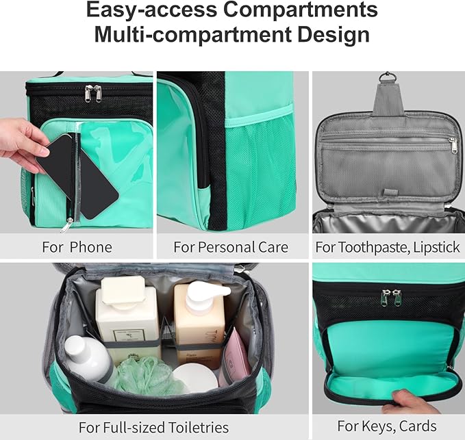 F-color Hanging Shower Caddy Portable - College Dorm Essentials for Guys with Hooks, Quick-Dry Shower Bag for Dorm Travel Gym Camping Essentials, Water-Resistant with Multiple Pockets, Cyan