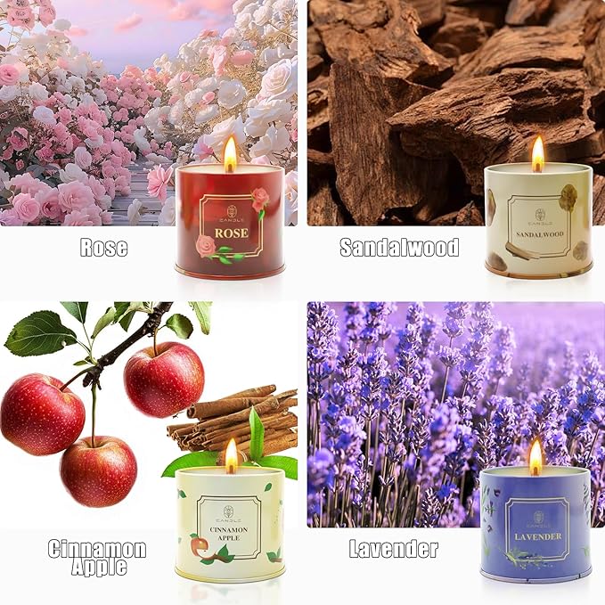 Scented Candles 4 Pack Soy Wax Long Lasting Rose Lavender Sandalwood Apple Fragrance Gifts for Women Mother's Day Thanksgiving Day Christmas Day