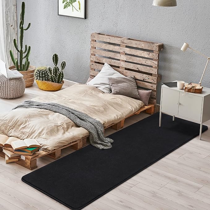 Soft 2x8 Runner Rugs for Bedroom Hallway, Non Slip Long Runners for Kitchen Laundry Dorm Washable, Modern Low Pile Area Rugs for Boys Men, Black