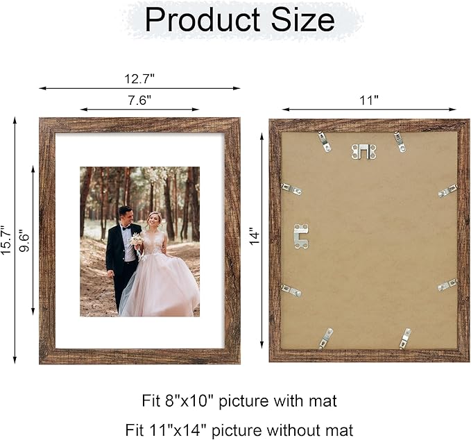 11x14 Picture Frame Set of 4 with Tempered Glass, Rustic Frame Display 8x10 Pictures with Mat or 11 x 14 Without Mat, Wooden Photo Frames for Wall Mounting