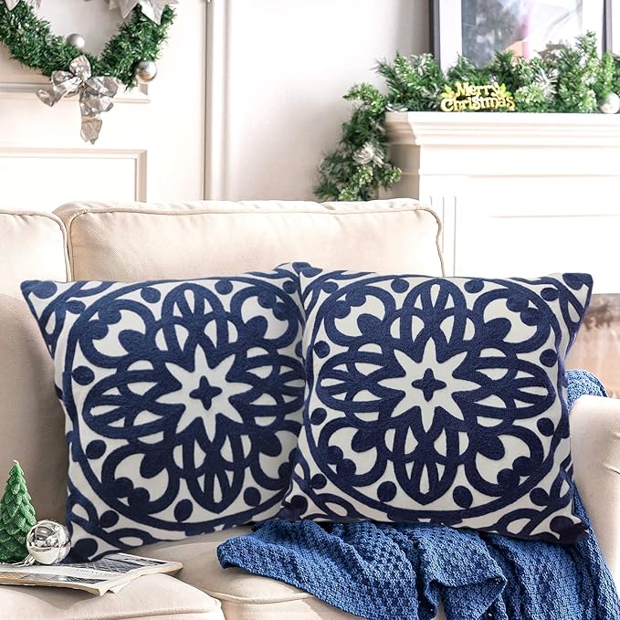 Alysheer Embroidered Decorative Throw Pillow Covers 18"x18" Set of 2 Pieces, Classic Boho Mandala Knit Pattern, Durable 100% Cotton Canvas Cozy Cushion Cases for Sofa Couch Living Room (Navy Blue)